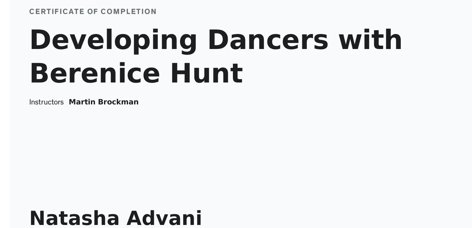 Dance certificate Natasha advani Berenice Hunt